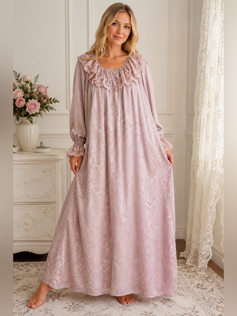 Ruth Norman New York Vintage Pink Jacquard Lace Collar Maxi Nightgown XL Boudoir